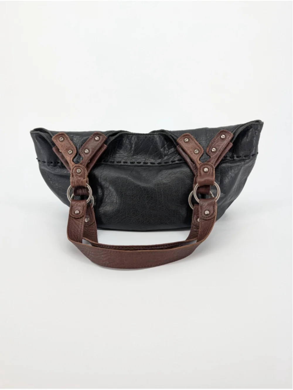 The Sak Black Crinkle Leather Hobo Shoulder Bag Brown Straps Whipstitch Boho